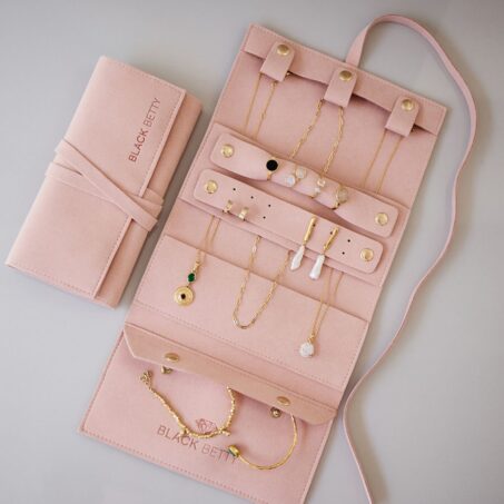 ROLL-UP Jewelry Pouch (Pink) – กระเป๋าม้วนเก็บเครื่องประดับสีชมพู**